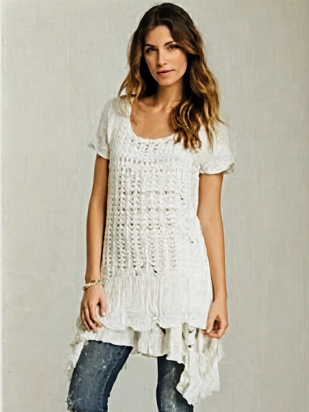 FREE PEOPLE Snowbells Ivory Short Sleeve Crochet Tunic Top Dress--EUC--S